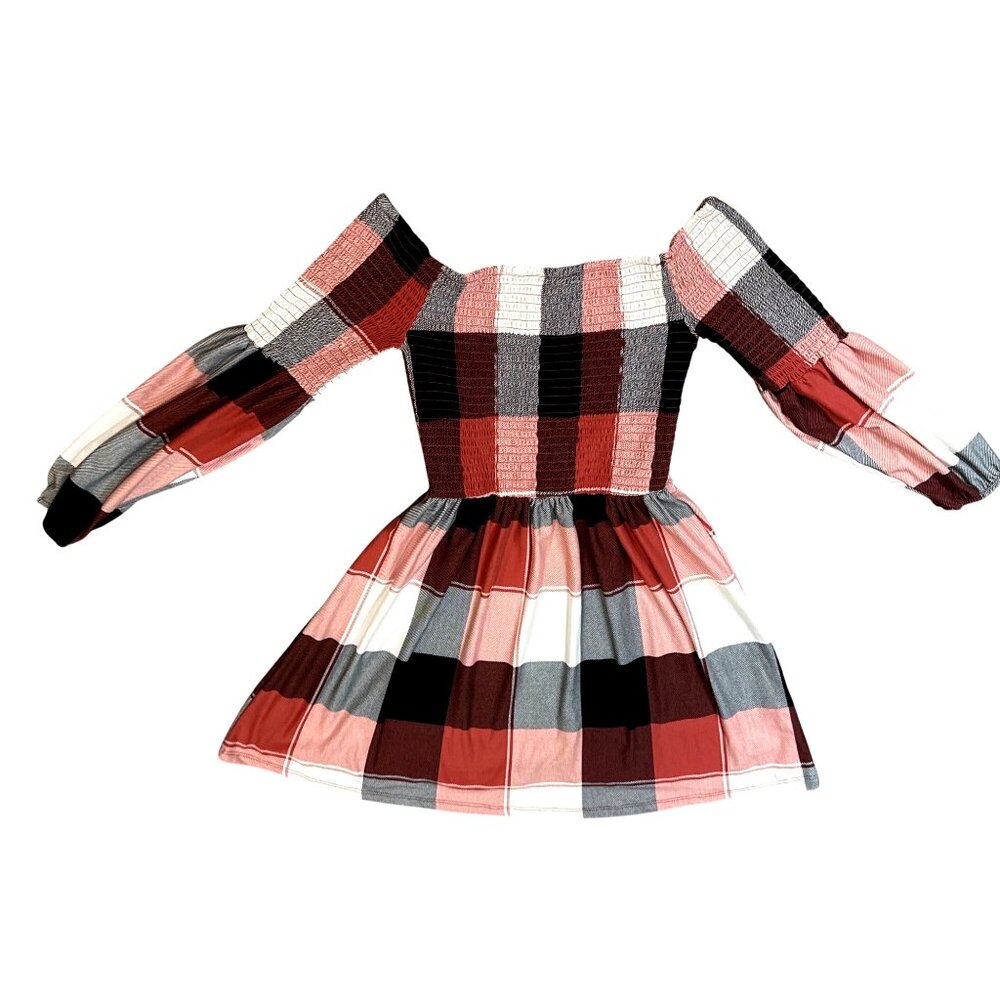 205 Collins Red Plaid Smocked Off Shoulder Flare Mini Dress Cottagecore Westernn - Picture 7 of 12